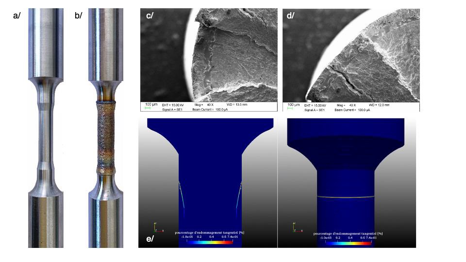 a/éprouvette usinée pour réparation radiale b/éprouvette réparée par LP-DED avant usinage c/et d/défaut et endommagement dans la