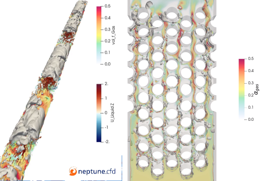 Simulation d'un écoulement eau/air dans une conduite (gauche), et dans un faisceau tubulaire à pas triangulaire (droite)